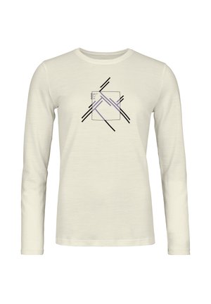 Langärmliges cremefarbenes Hemd aus weichem Stoff, das ein geometrisches Grafikdesign in Schwarz und Lavendel mit sich überschneidenden Linien und einem quadratischen Umriss zeigt.