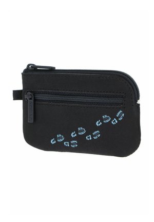 Small black zippered pouch with front zip pocket and blue patterned design on lower right corner.