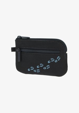 Small black zippered pouch with front zip pocket and blue patterned design on lower right corner.