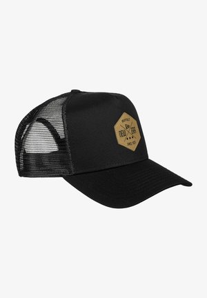 Black baseball cap with a curved bill, mesh back, and a hexagonal beige patch featuring "New Era" branding.