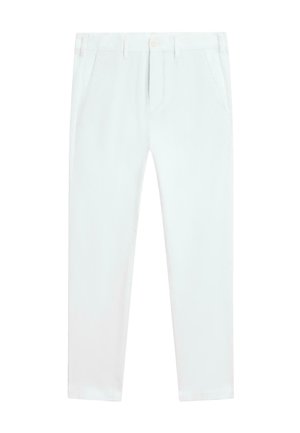 Witte slim-fit broek met riemlussen, knoop- en ritssluiting aan de voorkant en zijzakken.