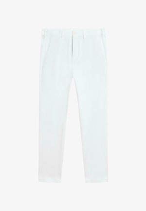 Witte slim-fit broek met riemlussen, knoop- en ritssluiting aan de voorkant en zijzakken.