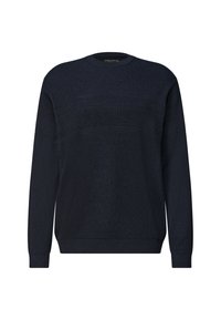 Pull en tricot bleu marine foncé à col rond, manches longues, avec un motif texturé et des poignets et ourlet côtelés.