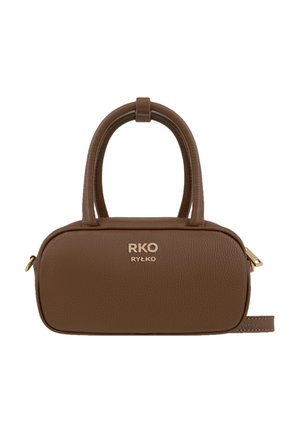 Brown leather handbag with rounded shape, prominent brand logo, dual top handles, and gold-tone hardware accents. Compact design with zipper.