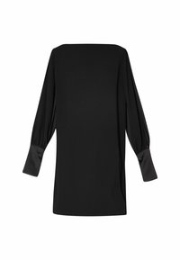 Crni dugi rukav majica s ravnim dekolteom, napuhanim rukavima i satenskim manžetama. Glatka tekstura s jednostavnim i minimalističkim dizajnom.