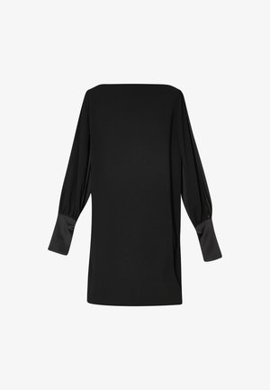 Top nero a maniche lunghe con scollatura dritta, maniche a sbuffo e polsini in satin. Texture liscia, con un design semplice e minimalista.