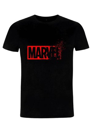 Schwarzes Baumwoll-T-Shirt mit einem großen roten "MARVEL"-Logo in einer strukturierten Spritz-Effekt. Kurze Ärmel und ein klassisches Rundhalsdesign.