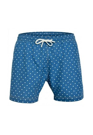 Short de bain bleu à pois blancs avec un cordon blanc à la taille élastique, présenté sur un fond blanc uni.