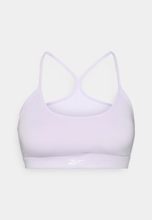 Soutien-gorge de sport lilas à la coupe ajustée, avec de fines bretelles réglables, un tissu lisse et un petit logo à l'avant.