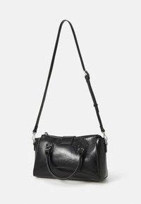 Black leather handbag with a smooth texture, rounded shape, dual top handles, and an adjustable shoulder strap. Silver hardware accents.