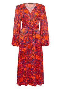 Langes, lebhaftes Kleid mit V-Ausschnitt, Ballonärmeln und gebundenem Taillengürtel. Hat ein buntes abstraktes Muster in Rot, Orange, Blau und Grün.