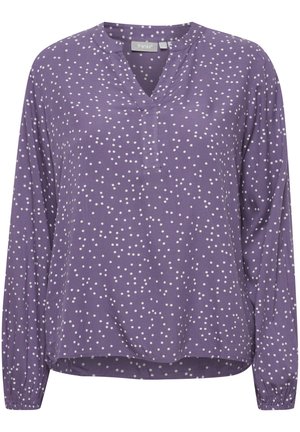 Paarse blouse met een V-hals, lange mouwen en een patroon van witte stippen. Gemaakt van lichtgewicht stof, met een losvallende pasvorm en gerimpelde manchetjes.