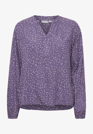 Paarse blouse met een V-hals, lange mouwen en een patroon van witte stippen. Gemaakt van lichtgewicht stof, met een losvallende pasvorm en gerimpelde manchetjes.