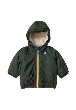 Ciemnozielona kurtka dla malucha z kapturem, podszewką z polaru, elastycznymi mankietami oraz wielokolorowym zamkiem błyskawicznym z logo K-Way na piersi.