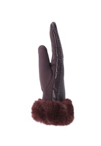 Guanto da donna marrone con polsino in pelliccia, mix di cuoio e tessuto, mostrato con le dita unite e il palmo rivolto verso destra.