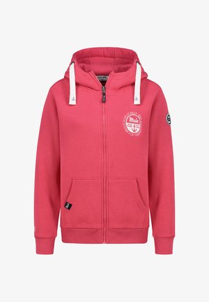 Roze hoodie met rits gemaakt van een katoenmix, voorzien van een capuchon met witte trekkoorden, zijzakken en een logografiek op de voorkant.