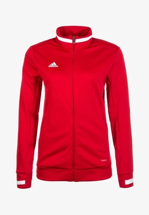 Veste de sport rouge en polyester, dotée d'un col montant, d'une fermeture éclair complète et d'accents blancs sur le col et les poignets.