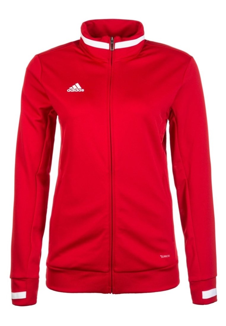 Rote Sportjacke aus Polyester mit hohem Kragen, durchgehendem Reißverschluss und weißen Akzenten am Kragen und an den Bündchen.