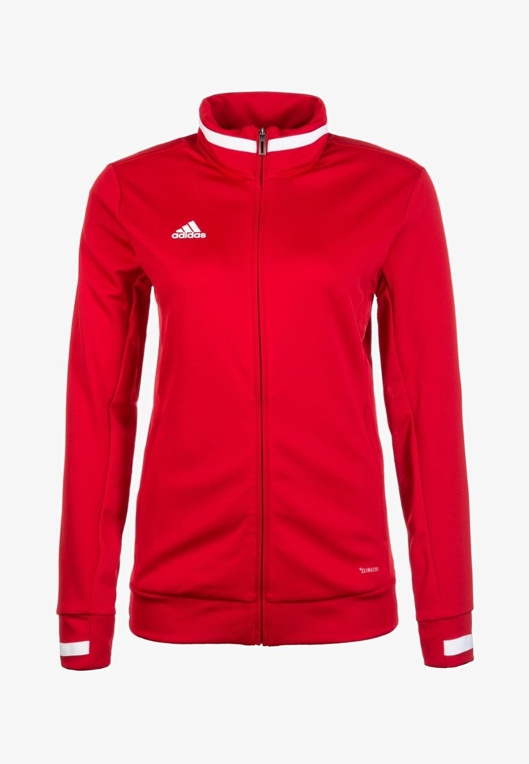 Rote Sportjacke aus Polyester mit hohem Kragen, durchgehendem Reißverschluss und weißen Akzenten am Kragen und an den Bündchen.