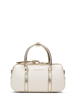 Petit sac à main blanc avec poignées métalliques dorées et accents, fermeture éclair, et logo « HISPANITAS » sur le devant.