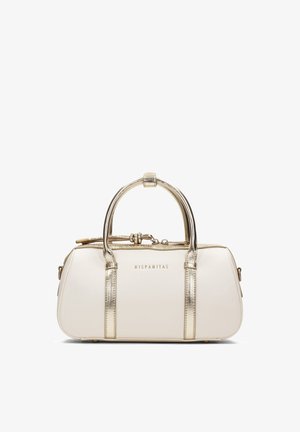 Petit sac à main blanc avec poignées métalliques dorées et accents, fermeture éclair, et logo « HISPANITAS » sur le devant.