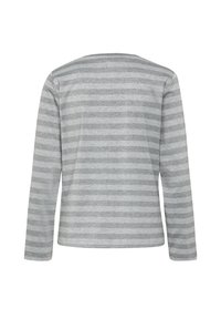 Graues Langarmoberteil mit horizontalen grauen Streifen, rundem Ausschnitt und weichem Material. Die Rückansicht zeigt die Ärmellänge und den lockeren Schnitt.