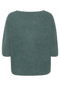 Green knit sweater with a wide neckline, 3/4 sleeves, and a relaxed fit. Soft texture and even, consistent stitch pattern throughout.