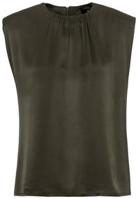 Mörk olivgrön topp, tillverkad av ett slätten material, har en rund halsringning, plisserade detaljer fram och en rak silhuett.