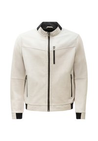 Veste en cuir gris clair avec un col haut, fermeture éclair à l'avant et accents noirs. Dispose de poches zippées sur les côtés et la poitrine. Texture lisse.
