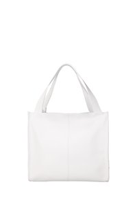Borsa tote bianca in pelle con texture liscia, dotata di due manici piatti e dettagli di cucitura verticale sul davanti.