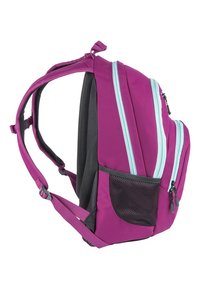 Lila Rucksack mit türkisfarbenen Reißverschlussdetails und einer seitlichen Netztasche. Strukturiertes Design mit gepolsterten Riemen für Komfort.