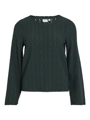 Camisola de manga longa verde escura com um padrão geométrico texturizado, apresentando um decote redondo e um corte solto. O tecido parece leve e respirável.