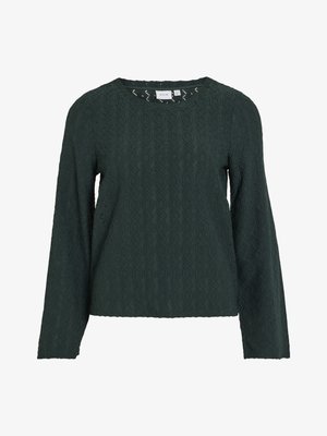 Tamsiai žalia ilgomis rankovėmis palaidinė su tekstūruotu geometriniu raštu, apvaliu iškirpimu ir laisvu siluetu. Audinys atrodo lengvas ir pralaidus orui.