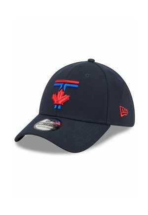 Navy baseball cap with red and blue embroidered logo and maple leaf. Features a curved brim and adjustable fit. Textured fabric design.
