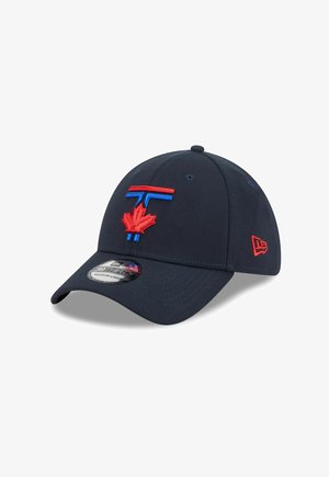 Marineblaue Baseballmütze mit rot und blau gesticktem Logo und Ahornblatt. Mit gebogenem Schirm und verstellbarem Sitz. Texturiertes Stoffdesign.
