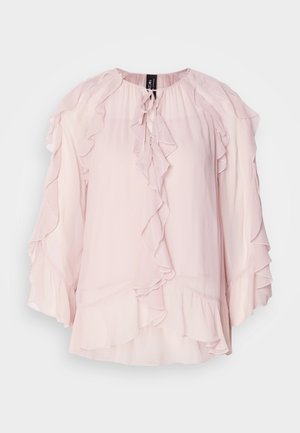 Helle rosa Bluse aus Chiffon mit Rüschendetails an den Ärmeln und dem Ausschnitt, ausgestattet mit einer Bindeschließe am Kragen und einem lockeren Schnitt.