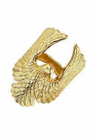 Anillo temático de águila dorada con detalles en las texturas de alas y cuerpo, elaborado en metal con un acabado pulido. Su diseño abierto permite un ajuste ajustable.