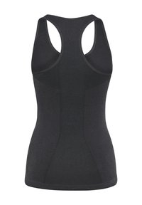 Zwarte tanktop van gestructureerde stof, met een racerback ontwerp, een getailleerde pasvorm en naadloze randen. Geen zichtbare patronen of accenten.