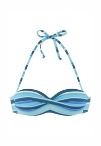 Prúžkovaný bikiny top v odtieňoch modrej a zelenej, s prekrúteným predným dizajnom, viazaním za krkom a nastaviteľnými popruhmi.