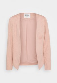Světle růžový otevřený dámský blazer s dlouhými rukávy a hladkým podšíváním visící na bílém pozadí.