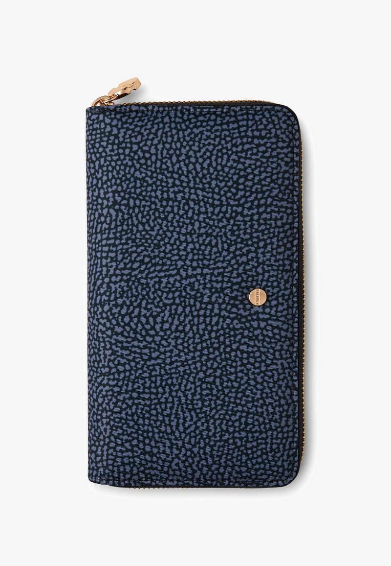 Zip-around wallet in navy fabric with light blue speckled pattern, featuring a gold hardware accent and textured surface. Compact rectangular shape.
