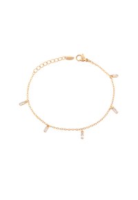Bracciale in catena d'oro con cinque cristalli rettangolari trasparenti sospesi a intervalli regolari, dotato di un gancio a lucchetto per la chiusura.