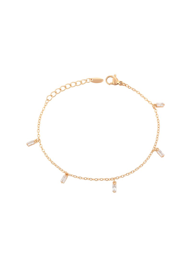 Bracciale in catena d'oro con cinque cristalli rettangolari trasparenti sospesi a intervalli regolari, dotato di un gancio a lucchetto per la chiusura.