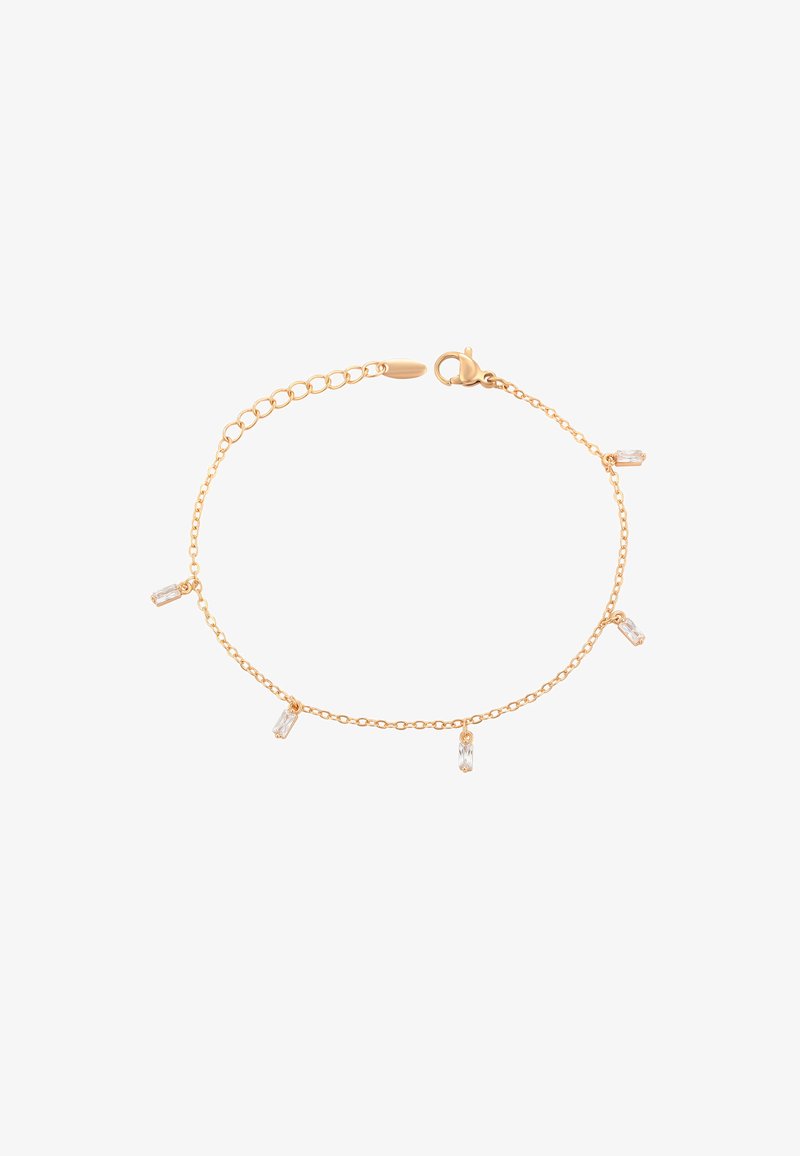 Arany lánc karkötő, amely öt átlátszó, téglalap alakú kristályt tartalmaz, egyenlő távolságra felfüggesztve, és horogzáras záródással rendelkezik.