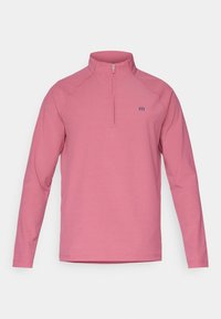 Roza pulover s dolgimi rokavi in pol-zadrgo na vratu, z fitted dizajnom, raglan rokavi in majhnim modrim logotipom na prsih.