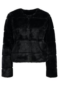 Sort falsk pels cropped jakke med lange ærmer og rund halsudskæring, der har et blødt, segmenteret design.