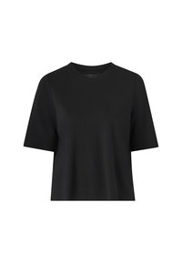 Schwarzes T-Shirt mit kurzen Ärmeln aus einem weichen, glatten Stoff. Verfügt über einen klassischen Rundhalsausschnitt und eine lockere Passform. Sauberes, einfaches Design ohne Muster.