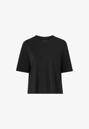 T-shirt noir à manches courtes fabriqué dans un tissu doux et lisse. Il présente un col rond classique et une coupe décontractée. Design épuré et simple sans motifs.