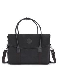 Schwarze Stoff-Schultertasche mit Lederakzenten, doppelten Obergriffen, abnehmbarem Schultergurt und einem Vorderklappe mit geprägtem Logo.