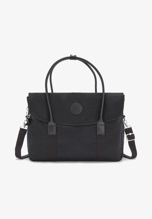 Sac à épaule en tissu noir avec des accents en cuir, doubles poignées supérieures, bandoulière amovible et un rabat avant avec un logo en relief.